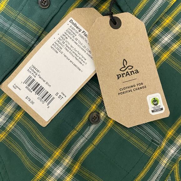 Prana  Men's Long Sleeved Dolberg Flannel Shirt Green Plaid Size Small NEW - Picture 2 of 6